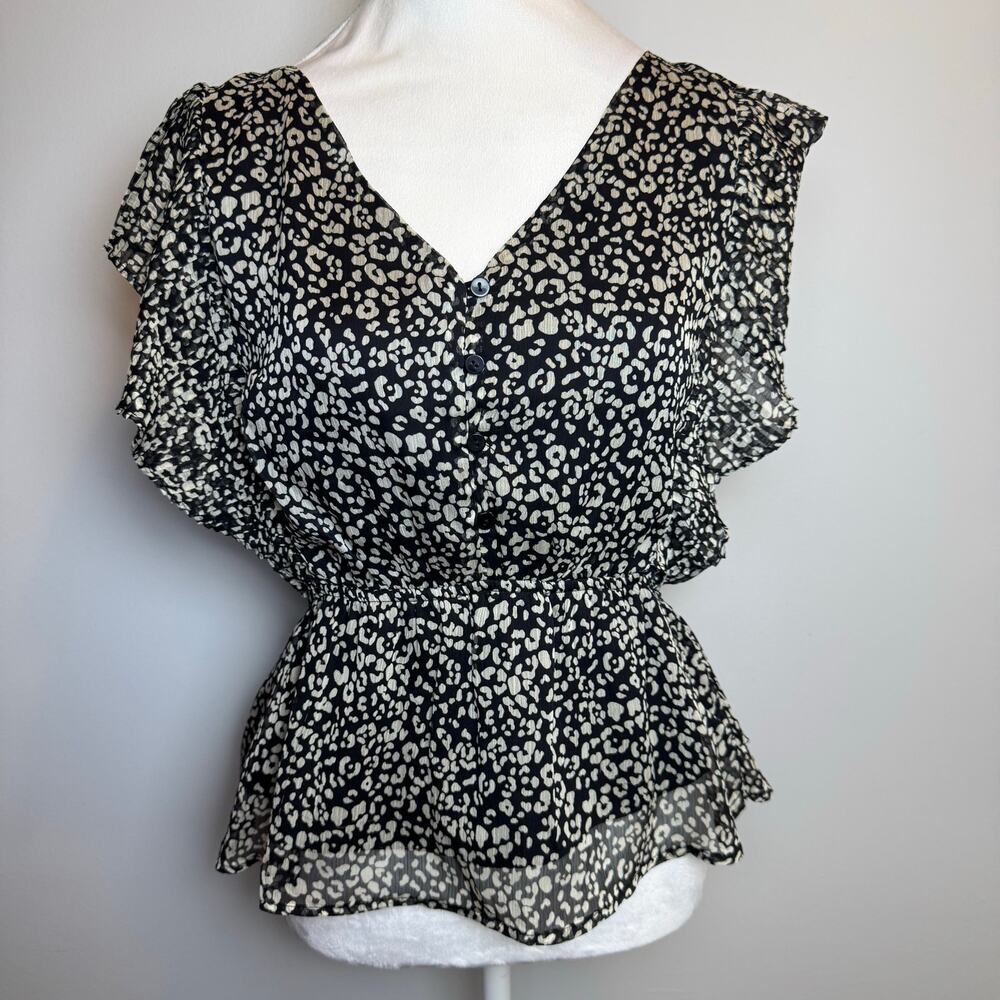 Wishlist Apparel SMALL blouse black and white animal print dots flutter sleeves